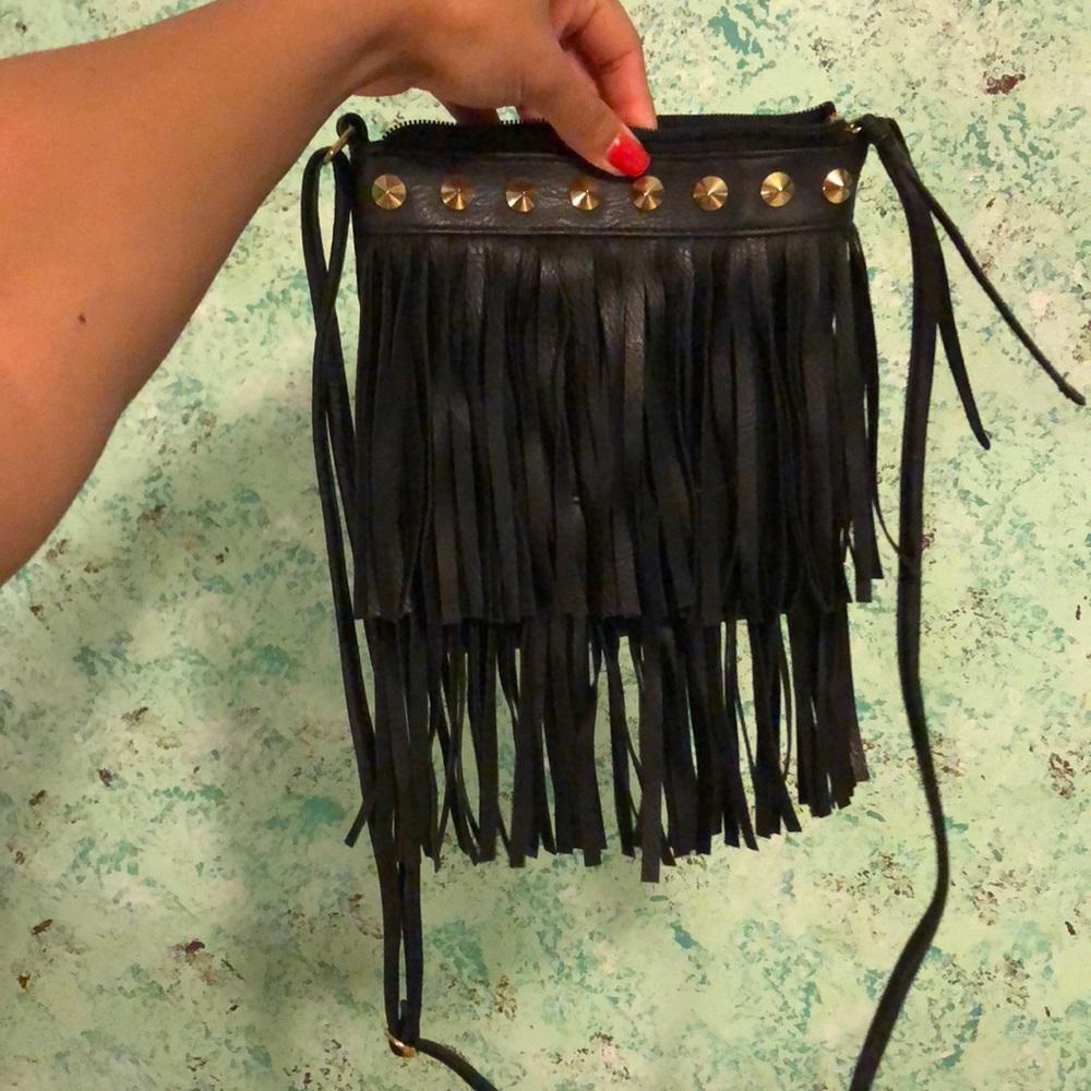 small black fringe crossbody bag
